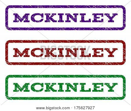 Mckinley watermark stamp. Text caption inside rounded rectangle frame with grunge design style. Vector variants are indigo blue, red, green ink colors. Rubber seal stamp with dust texture.