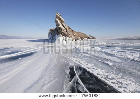 Winter Landscape. Crack In Ice Of Lake Baikal, Ogoi Island.