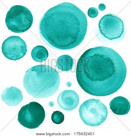 Set of colorful watercolor hand painted circle isolated on white. Watercolor Illustration for artistic design. Round stains blobs of light blue and mint color