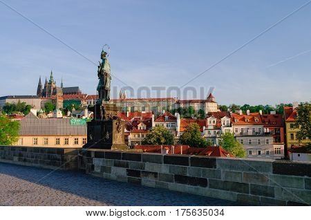 Charles Bridge And Prague Castle In Prague (czech Republic) At Early Morning. No People.