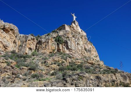 Statue Christ. Castillo De Monteagudo,medieval Castle, Murcia, Spain.