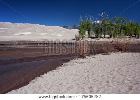 Spring water runoff from winter snows create the Medano Creek in the Great Sand Dunes National park in southern Colorado near Alamosa
