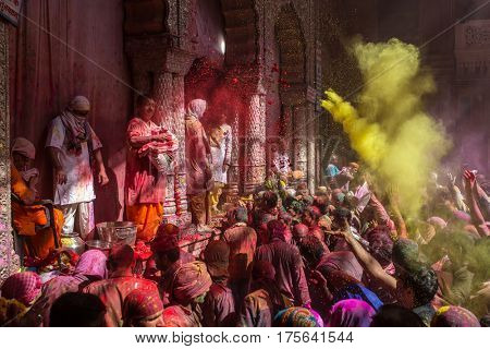 Vrindavan, India. March 23, 2016. Holi celebration in the Hindu Banke Bihare temple in Vrindavan, Uttar Pradesh, India.