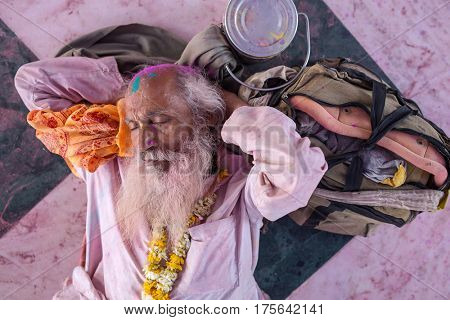 Nandgaon, India - March 17, 2016: Devotees celebrate Lathmar Holi in Nandgaon village, Uttar Pradesh, India.
