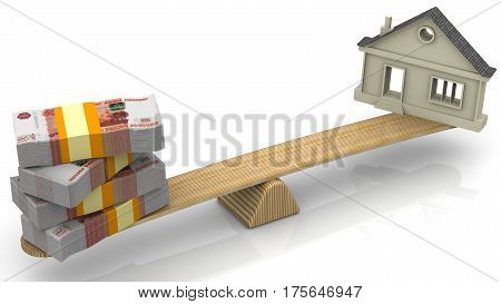 Valuation of real estate. Money (stack of packs of 5000 Russian rubles bills tied with a ribbon) and the symbol of the house weighed in the balance. Financial concept. Isolated. 3D Illustration
