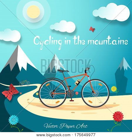 Vector poster of Cycling in the mountains on the gradient blue background with sun clouds mountains flowers and butterflies.