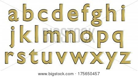 English alphabet in gold lower case letters, custom 3D font variant.