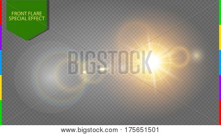 Abstract golden front sun lens flare translucent special light effect design. Vector blur in motion glow glare. Isolated transparent background. Decor element. Horizontal star burst rays and spotlight