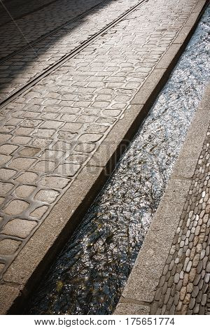 Freiburg Germany street lined with tiny canal
