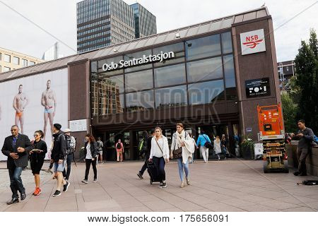 Oslo Norway - September 16 2016: People outside the main entrance too the Oslo central railway station.