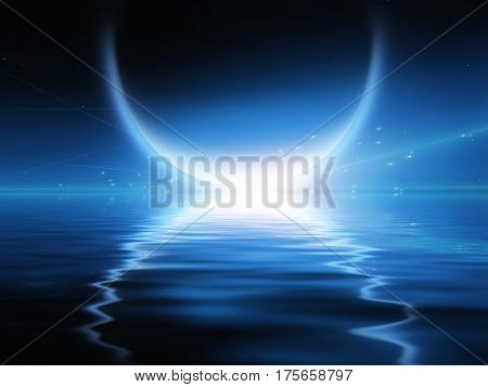 Exosolar Planet Rise over quiet waters  3D Render