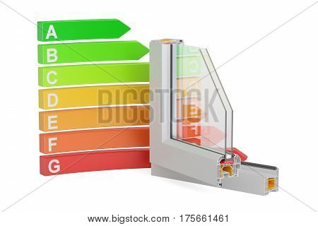 Energy efficiency graph with plastic windows profiles 3D rendering isolated on white background