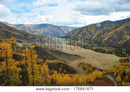 Mountains valley aerial autumn landscape, Chike-Taman mountain road pass, Altai.