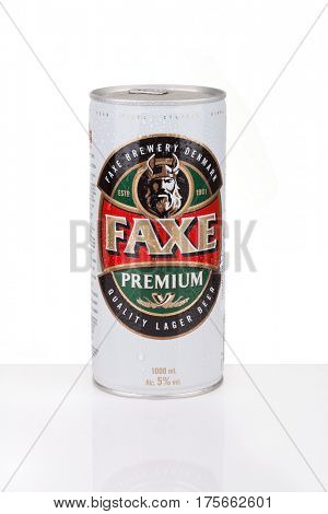 ZAGREB, CROATIA - MARCH 2, 2017: Faxe Premium is a popular lager brewed by Faxe Bryggeri A/S, Danish brewery owned by Royal Unibrew.