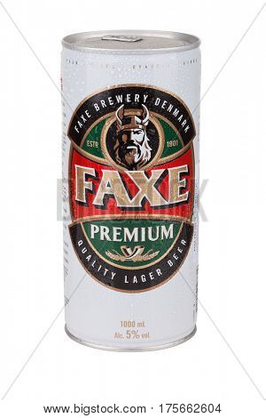 ZAGREB, CROATIA - MARCH 2, 2017: Faxe Premium is a popular lager brewed by Faxe Bryggeri A/S, Danish brewery owned by Royal Unibrew.