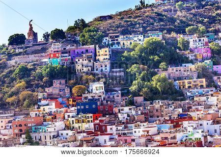 Many Colored Houses El Pipila Statue Guanajuato Mexico. El Pipila is a Mexican Hero from 1810 Mexican War of Independence.
