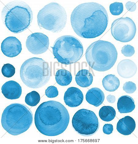 Set of watercolor circles in shades of cerulean cobalt blue ultramarine. Watercolour round elements for logo design banners posters. Royal blue circles hand drawn watercolor background
