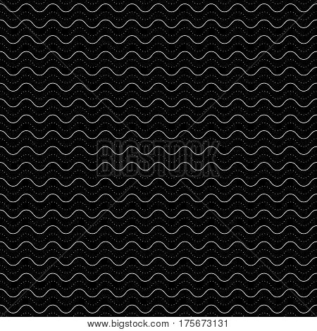 Vector monochrome texture, subtle geometric seamless pattern, horizontal thin wavy lines, dots, bends. Abstract minimalist black & white background. Stylish dark design for prints, decor, cover, clothes, fabric, textile, digital, web