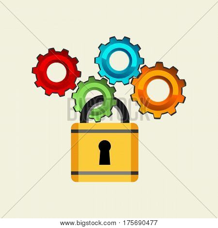 Locking system mechanism concept illustration. Cogwheel gear with padlock concept illustration