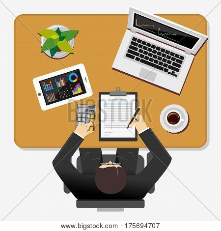 Man working on desk. Business accounting concept