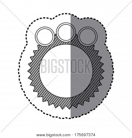 monochrome sticker of circular speech with sawtooth contour and three circles in top side vector illustration