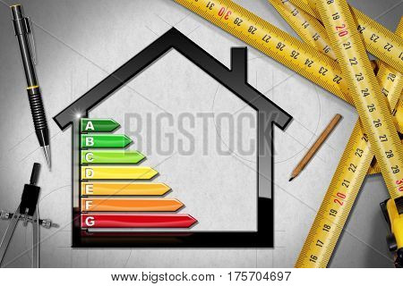 House with energy efficiency rating (3D illustration) on a desk with tape measures pencils and a drawing compass (photo). Project of ecological house