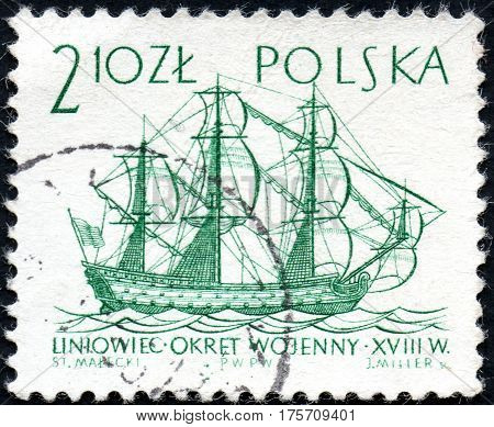 UKRAINE - CIRCA 2017: A stamp printed in Poland shows Line ship XVIII century series Sailing Ships circa 1963