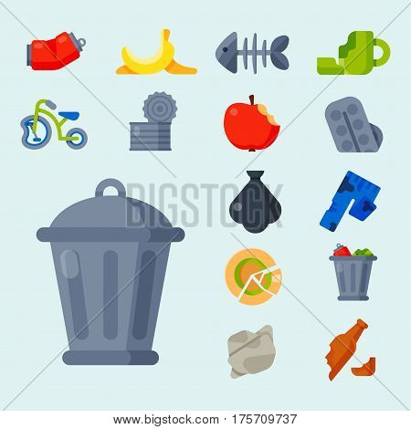 Vector drawings set of waste and garbage for recycling. Container reuse separation household waste garbage icons. Household waste garbage icons garbage trash rubbish recycling ecology environment.