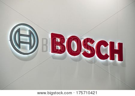 Moscow, Russia - February, 2016: Bosch company logo on the wall. Bosch is a German multinational engineering and electronics company
