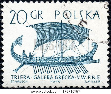 UKRAINE - CIRCA 2017: A stamp printed in Poland shows a Greek trireme the series Sailboats circa 1965