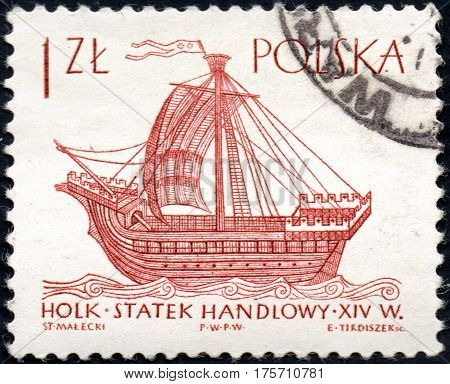 UKRAINE - CIRCA 2017: A stamp printed in Poland shows ship XIV century Holk series Sailing Ships circa 1964