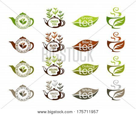 Tea types: white black oolong green tags for package design. Labels collection.