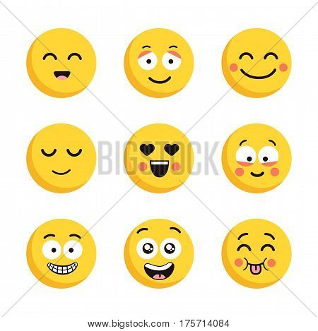 Set of happy yellow simple emoticons. Collection cartoon flat faces isolated on white background. Funny emoji