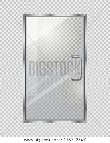 Transparent door isolated on grey checkered background. Vector illustration of isolated clear glass door with long doorhandle. Mock up decorative object of shops, boutiques for entrance and exit