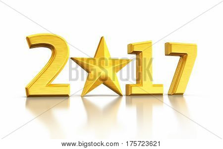 3d render New Year 2017 and star gold render (isolated on white and clipping path)