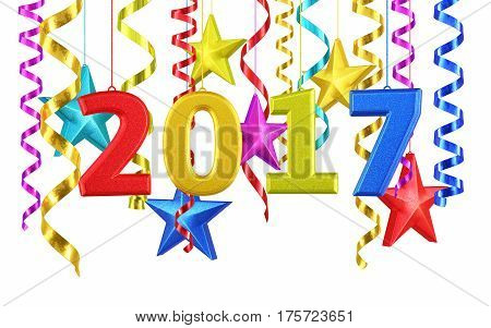 3d render New Year 2017 and colorful star ornament render (isolated on white and clipping path)