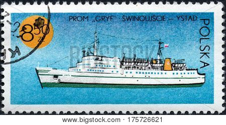 UKRAINE - CIRCA 2017: A stamp printed in Poland shows chip ferry Griffin series Ships under the Polish Flag circa 1971
