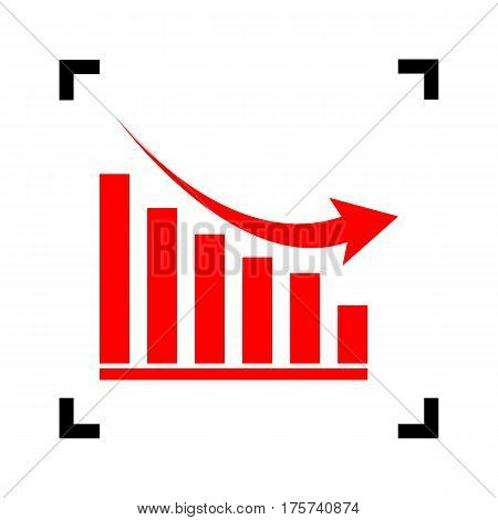 Declining graph sign. Vector. Red icon inside black focus corners on white background. Isolated.