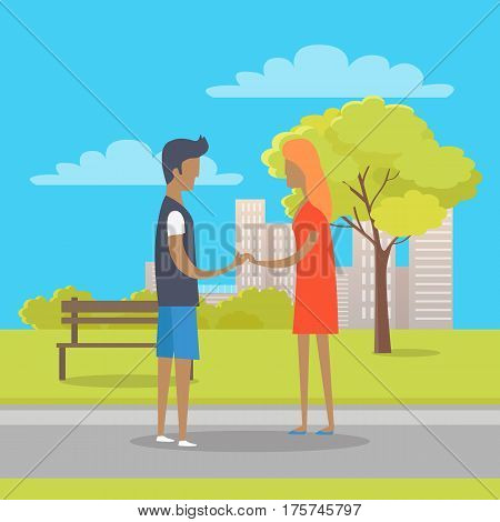 Young boy and girl in love stand on park path in nice summer weather. Isolated couple holding hands near wooden bench and green tree on grass on background with urban buildings vector illustration