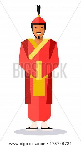 Ancient chinese soldier in reddish clothes on white. Full length portrait of smiling male person in traditional oriental helmet, long clothes and black shoes. Vector illustration of chinese warrior