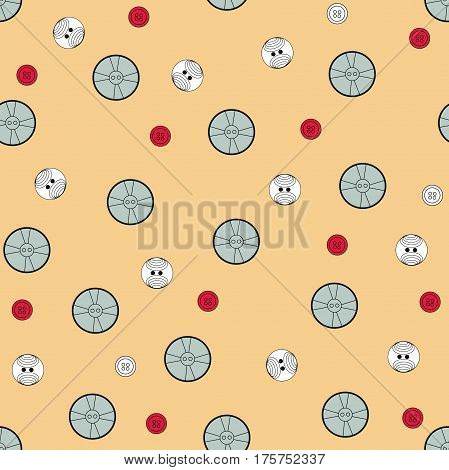 Beige seamless pattern with blue and red  buttons. Background.