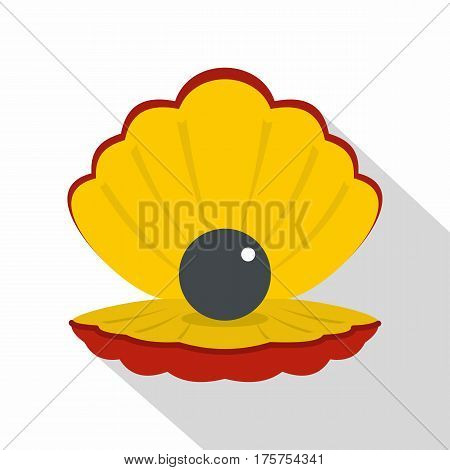 Black pearl in a sea shell icon. Flat illustration of black pearl in a sea shell vector icon for web isolated on white background