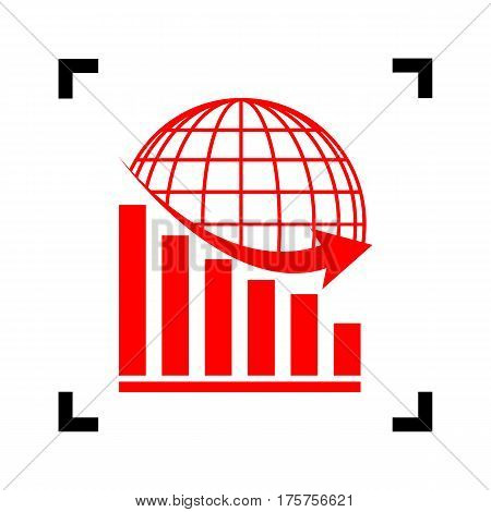 Declining graph with earth. Vector. Red icon inside black focus corners on white background. Isolated.