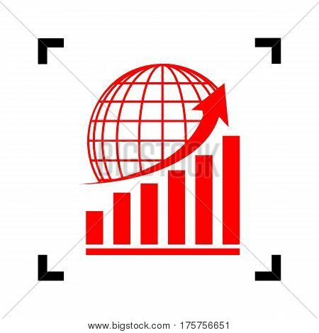 Growing graph with earth. Vector. Red icon inside black focus corners on white background. Isolated.