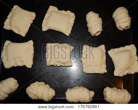 Puff pastry, sausages in dough and puffs