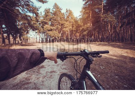 man cyclist rides in the forest on a bike. first-person view