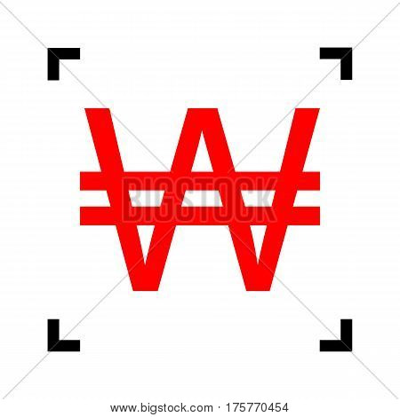 Won sign. Vector. Red icon inside black focus corners on white background. Isolated.
