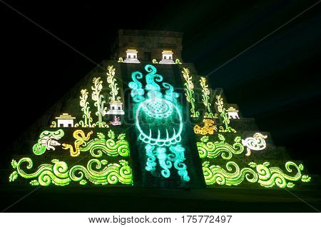 Light Show On Mayan Pyramid In Chichen Itza. Mexico,