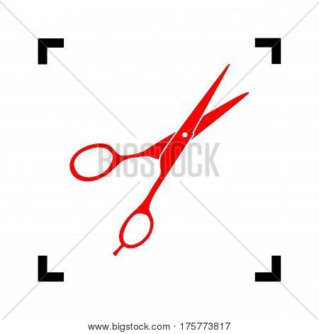 Hair cutting scissors sign. Vector. Red icon inside black focus corners on white background. Isolated.