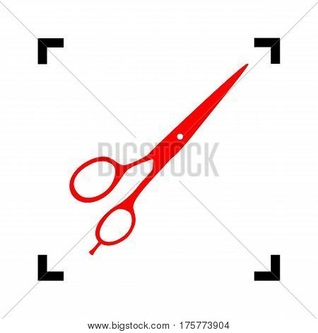 Hair cutting scissors sign. Vector. Red icon inside black focus corners on white background. Isolated.